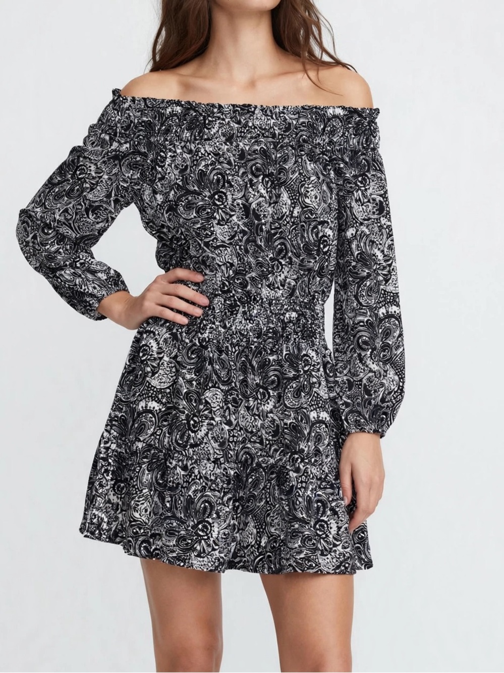 NWT Michael Kors Off The Shoulder Midnight Crepe A-Line Dress Navy Paisley SP